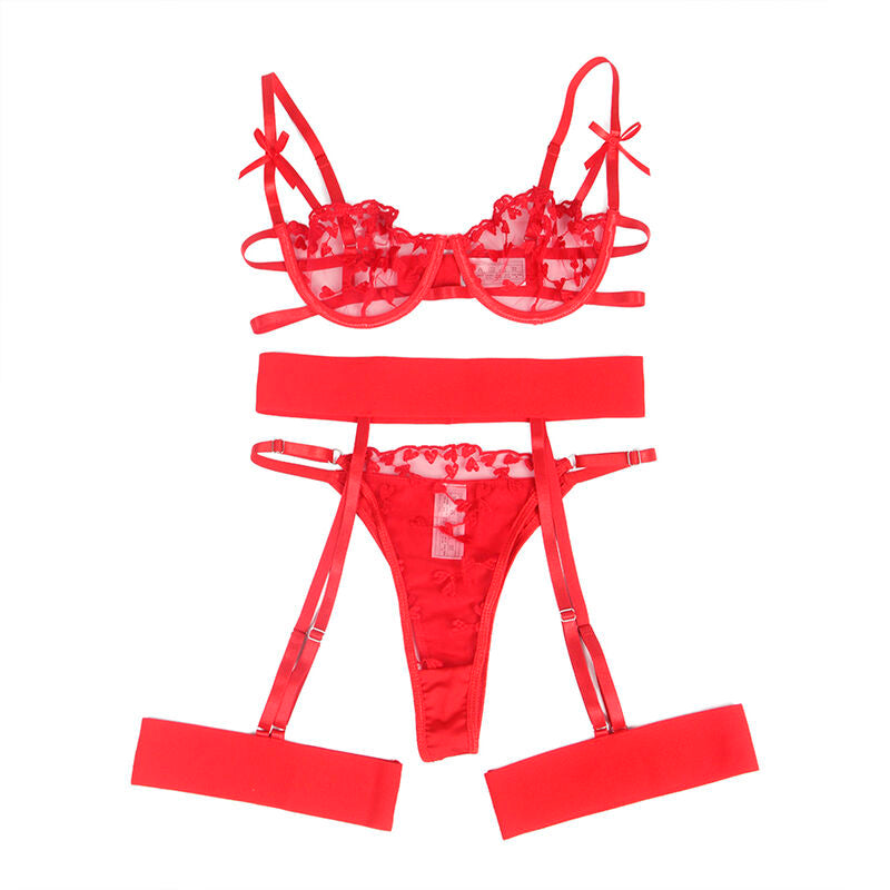 SUBBLIME - 954321 SOUTIEN-GORGE + STRING + PORTE-JARRETELLES IMPRIMÉ COEUR ROUGE S/M SUBBLIME SETS