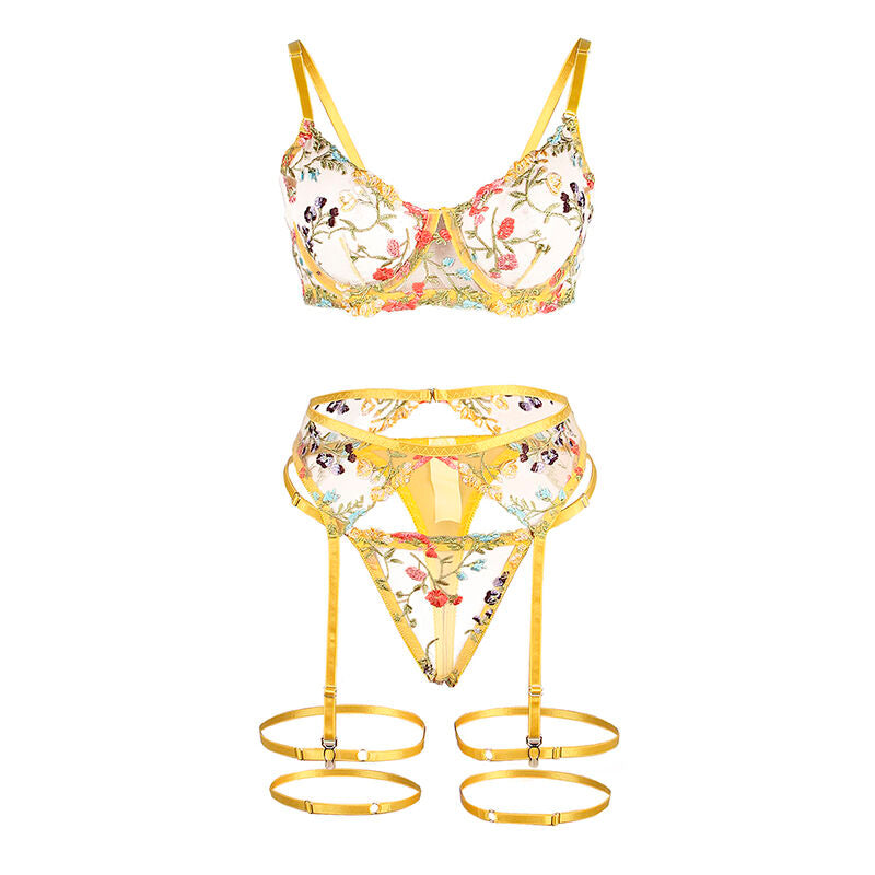 SUBBLIME - 954345 SOUTIEN-GORGE + STRING + PORTE-JARRETELLES MOTIF FLORAL JAUNE S/M SUBBLIME SETS