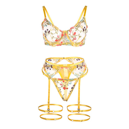 SUBBLIME - 954345 SOUTIEN-GORGE + STRING + PORTE-JARRETELLES MOTIF FLORAL JAUNE S/M SUBBLIME SETS