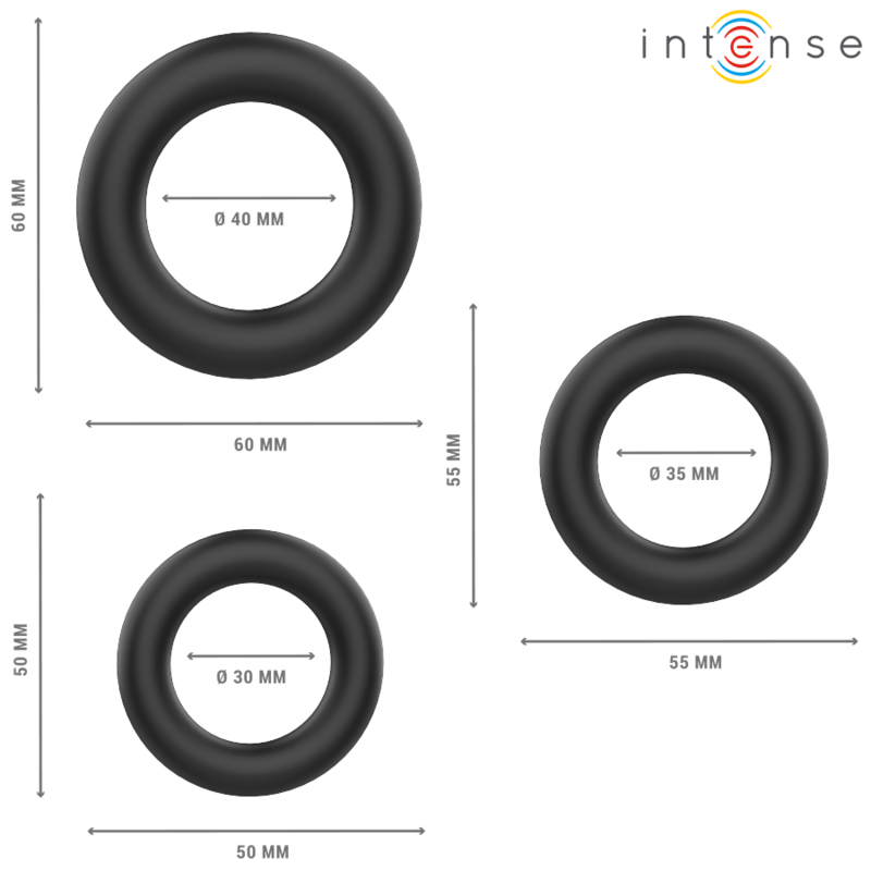INTENSE - HUGH 3 ANNEAUX PÉNIS BASIQUES EN SILICONE NOIRS INTENSE COUPLES TOYS