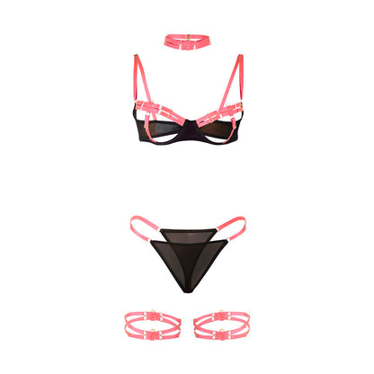 SUBBLIME - 955298 ENSEMBLE SOUTIEN-GORGE AVEC COLLIER ET DÉTAILS DE JAMBES ROSE FLUORESCENT S/M SUBBLIME SETS