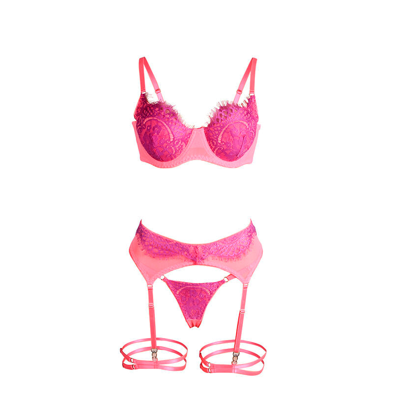 SUBBLIME - 955359 ENSEMBLE SOUTIEN-GORGE AVEC DENTELLE ET LIENS JARRETELLES ROSE ET VIOLET S/M SUBBLIME SETS