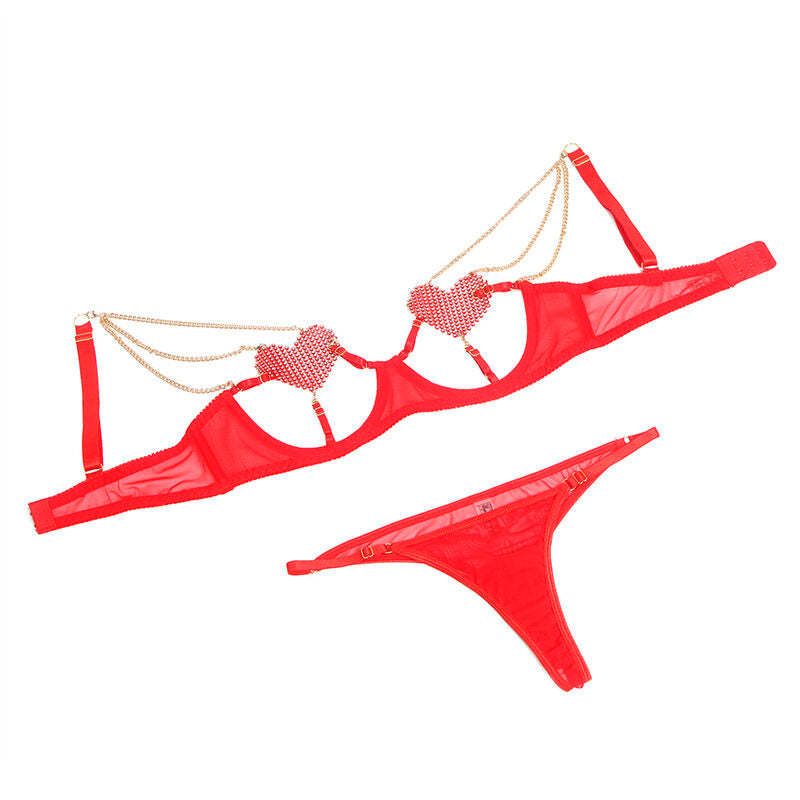 SUBBLIME - 955519 ENSEMBLE SOUTIEN-GORGE AVEC CHAÎNES ET COEUR EN MAILLE ROUGE S/M SUBBLIME SETS