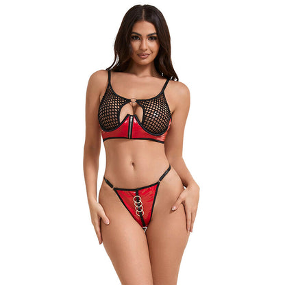 SUBBLIME - 955533 ENSEMBLE SOUTIEN-GORGE À FERMETURE ÉCLAIR EN CUIR VERNI ROUGE S/M SUBBLIME SETS