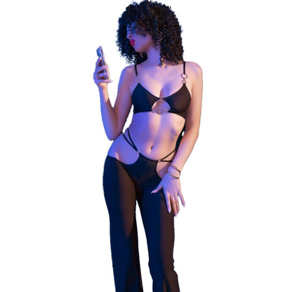 CHILIROSE - CR 4851 ENSEMBLE TOP ET LEGGINGS NOIRS AVEC ACCESSOIRES DORÉS M CHILIROSE SETS