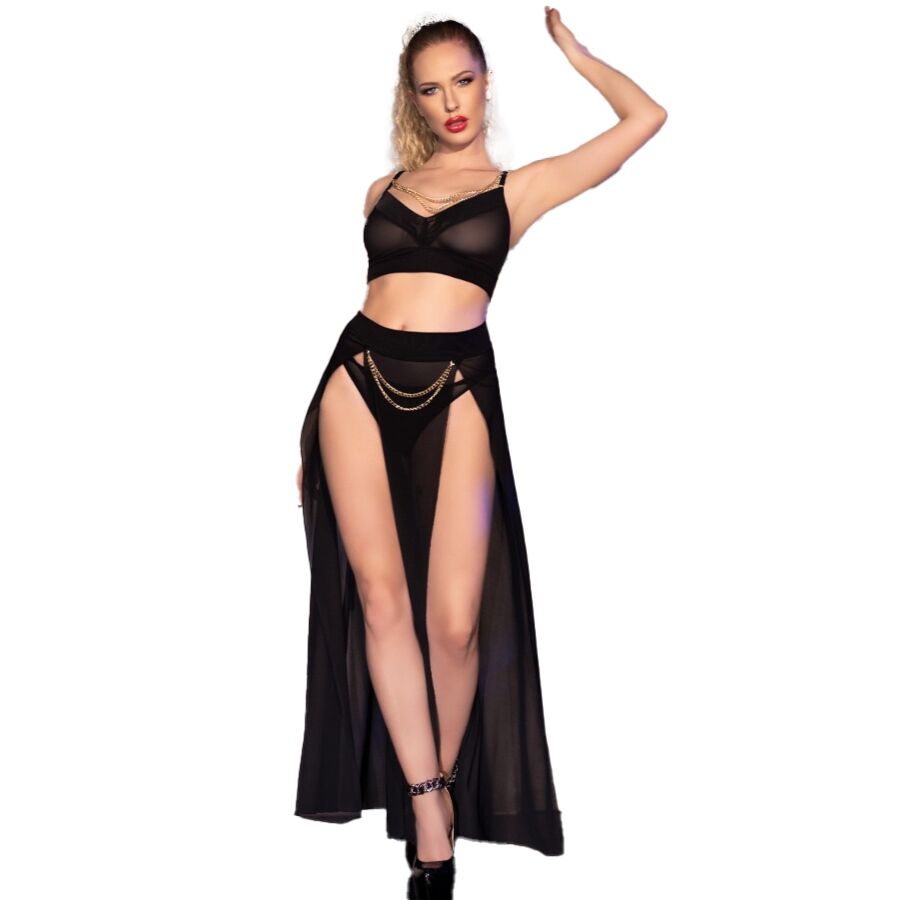 CHILIROSE - CR 4672 JUPE ET STRING NOIRS AVEC CHAÎNES DORÉS M CHILIROSE SETS