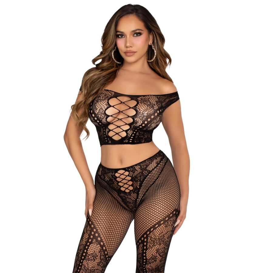 LEG AVENUE - CROP TOP ET LEGGING RÉSILLE ÉPAULES DÉNUDÉES NOIR LEG AVENUE SETS