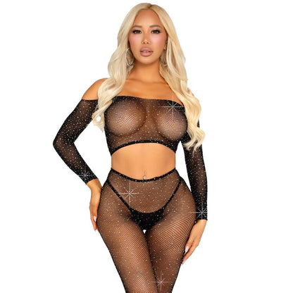LEG AVENUE - CROP TOP ET LEGGING RÉSILLE AVEC STRASS NOIR LEG AVENUE SETS