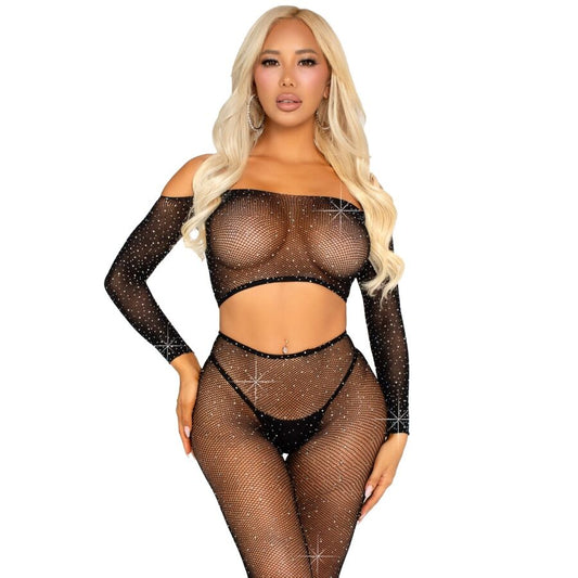 LEG AVENUE - CROP TOP ET LEGGING RÉSILLE AVEC STRASS NOIR LEG AVENUE SETS