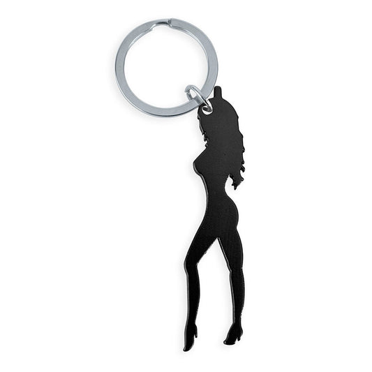 DIABLO PICANTE - PORTE-CLÉS AVEC SILHOUETTE FÉMININE DE COULEUR NOIRE AVEC DÉCAPOTE-BIÈRE DIABLO PICANTE