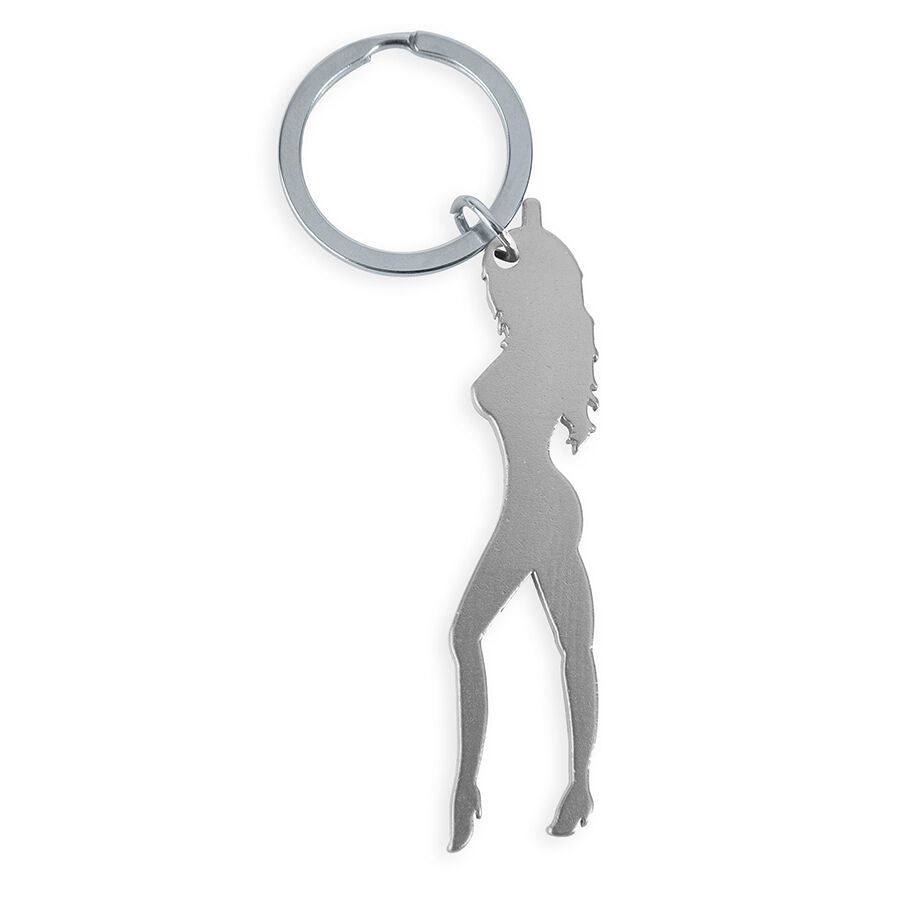 DIABLO PICANTE - PORTE-CLÉS AVEC SILHOUETTE FÉMININE ARGENTÉE AVEC DÉCAPOTEUR DIABLO PICANTE