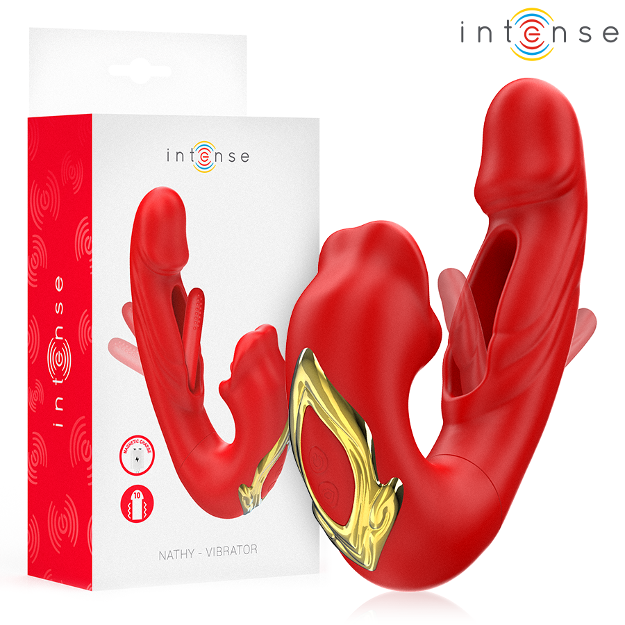 INTENSE - NATHY DOUBLE VIBRATEUR AVEC BOUCHE STIMULANTE MULTIFONCTION ROUGE INTENSE FUN TOYS