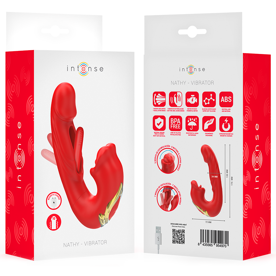 INTENSE - NATHY DOUBLE VIBRATEUR AVEC BOUCHE STIMULANTE MULTIFONCTION ROUGE INTENSE FUN TOYS