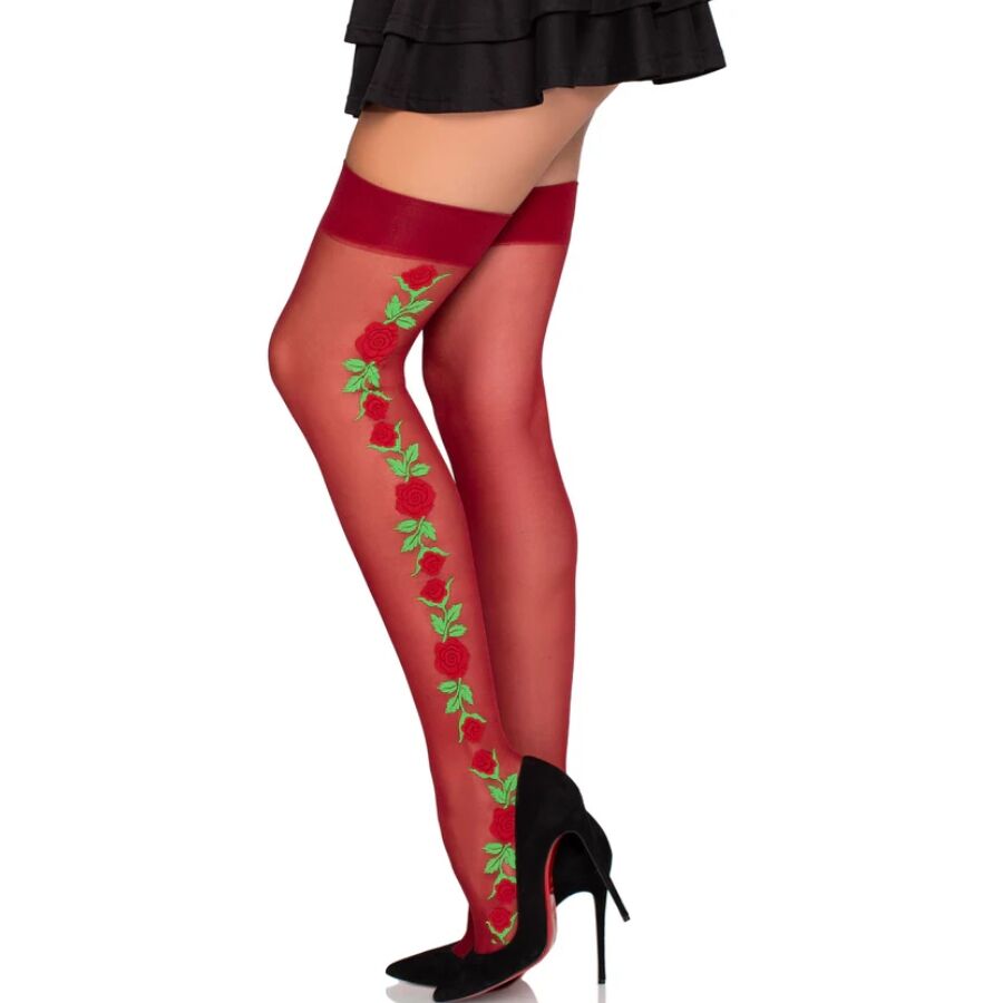 LEG AVENUE - BAS PORTE-JARRETELLES 1957 À FLEURS ROUGES - TAILLE UNIQUE LEG AVENUE HOSIERY