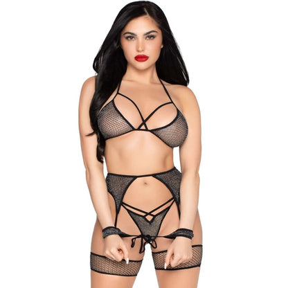 LEG AVENUE - 89362 ENSEMBLE HAUT + STRING + PORTE-JARRETELLES + MENOTTES NOIR - TAILLE UNIQUE LEG AVENUE SETS