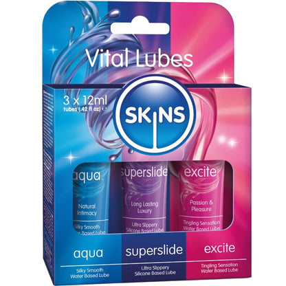 KIT DE LUBRIFIANTS VITAL POUR LA PEAU - AQUA, SUPERSLIDE ET EXCITE (3 x 12 ml) SKINS