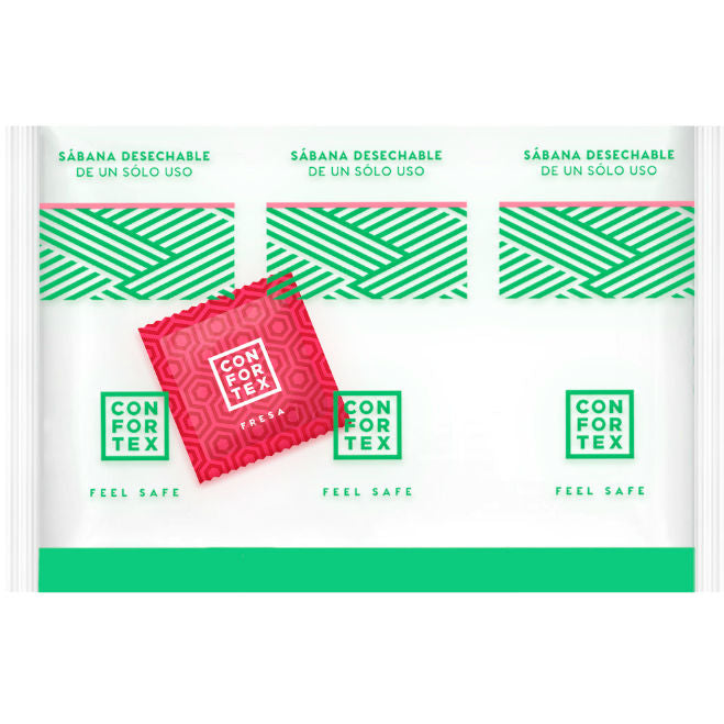 CONFORTEX - FEUILLES HYGIÉNIQUES JETABLES , SAC INDIVIDUEL + CONDOM FRAISE CONFORTEX