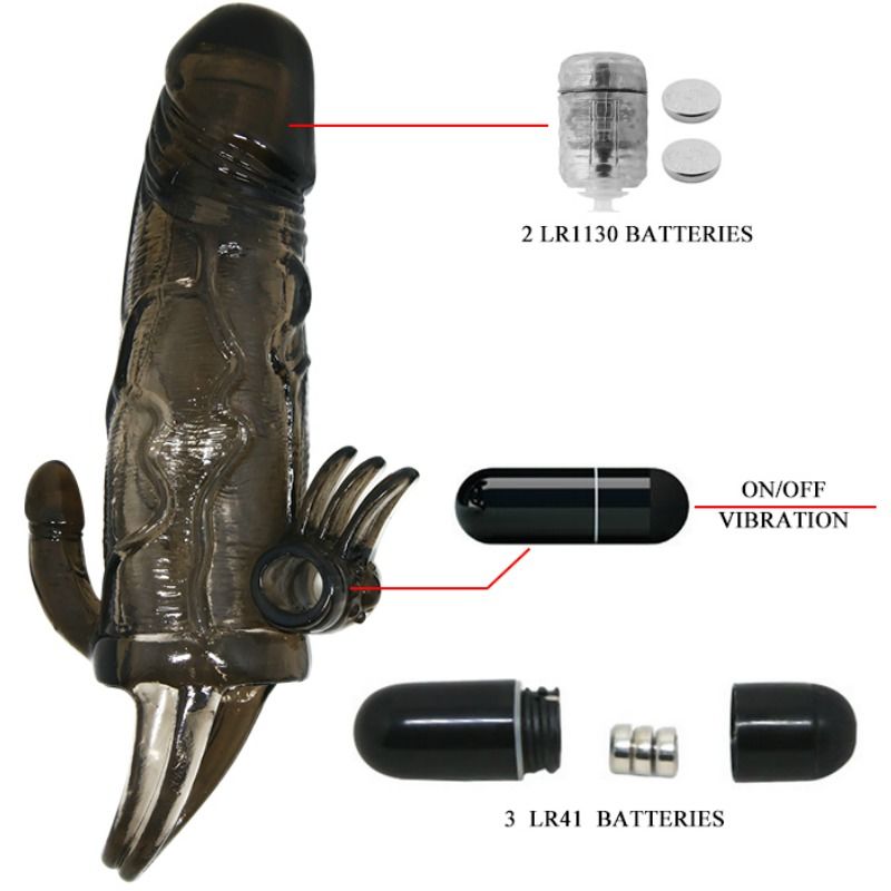 BAILE - COUVRE-PÉNIS BRAVE MAN AVEC STIMULATION CLITO ET ANAL DOUBLE BULLET NOIR 16.5 CM BAILE FOR HIM