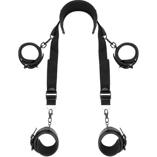 FETISH SUBMISSIVE - POSITION MAÎTRE AVEC 4 MENOTTES DOUBLÉES DE NOPRÈNE FETISH SUBMISSIVE BONDAGE